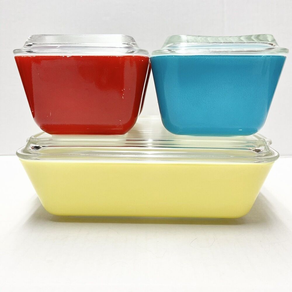 Vtg Pyrex Refrigerator Dish Set Primary Colors Lids 3rd Run 503 502 501 1960s